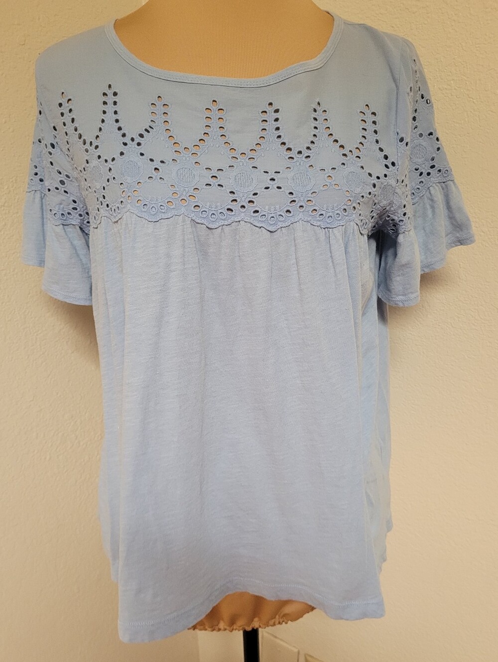 J. Crew Pale Blue Eyelet Yoke Short Flutter Sleeve Top